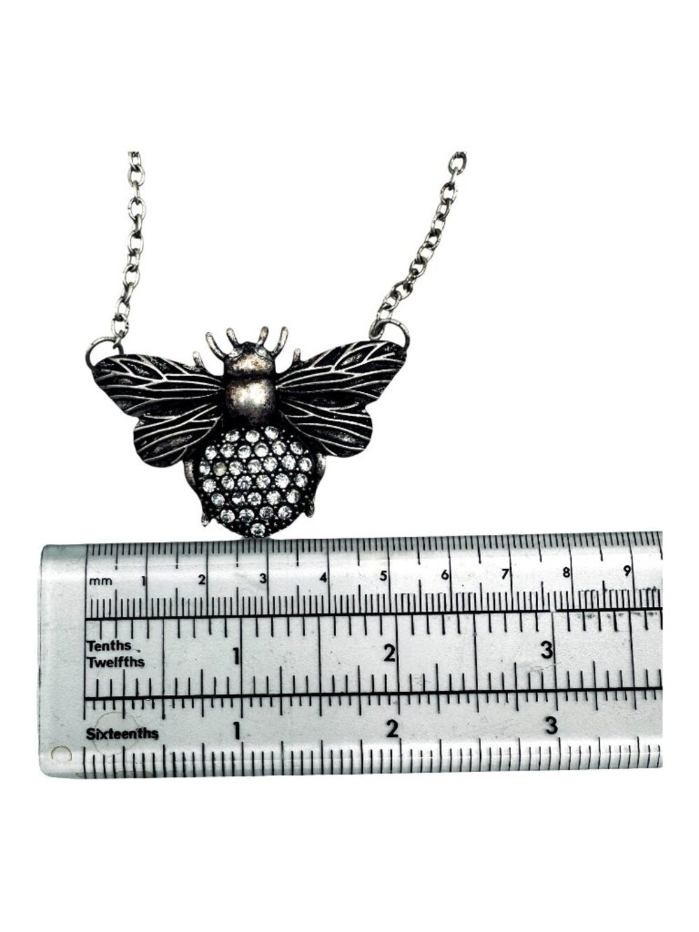 Bee Pendant Statement Necklace Antiqued Silver Tone Rhinestones 34" - Picture 8 of 8